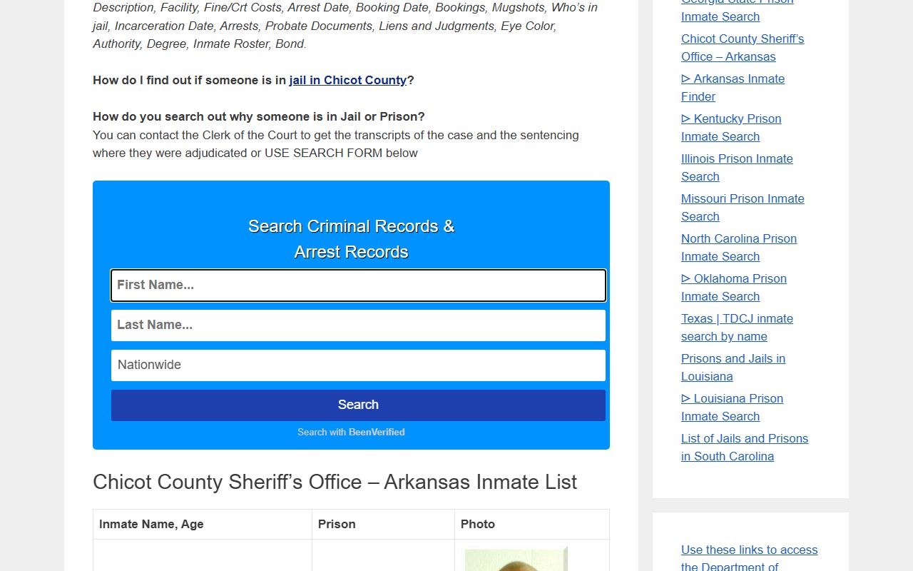 Chicot County 72 Hour Booking sheriff office home page