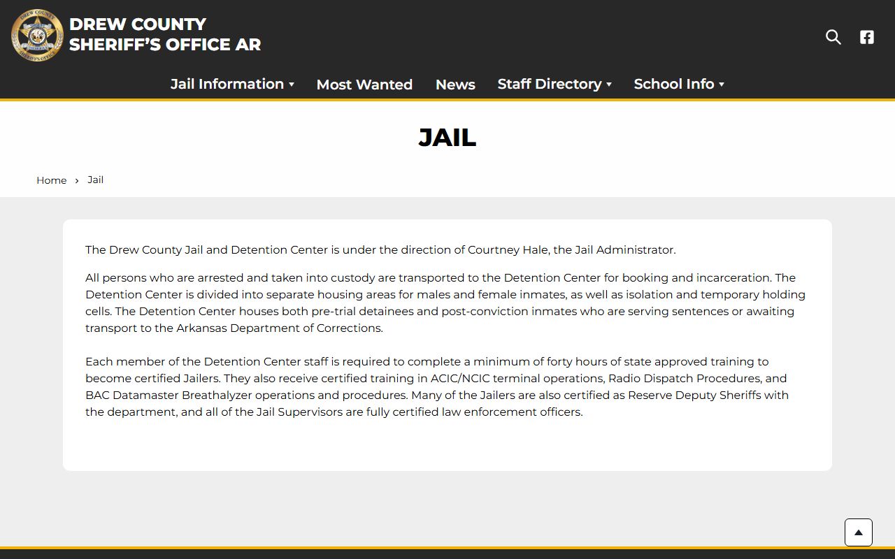 Drew County 72 Hour Booking jail facility page